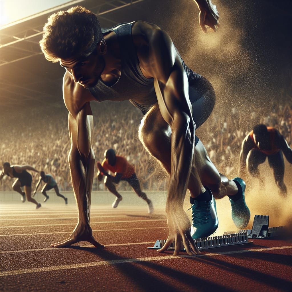 Runner Bursts from Starting Blocks in Golden Light