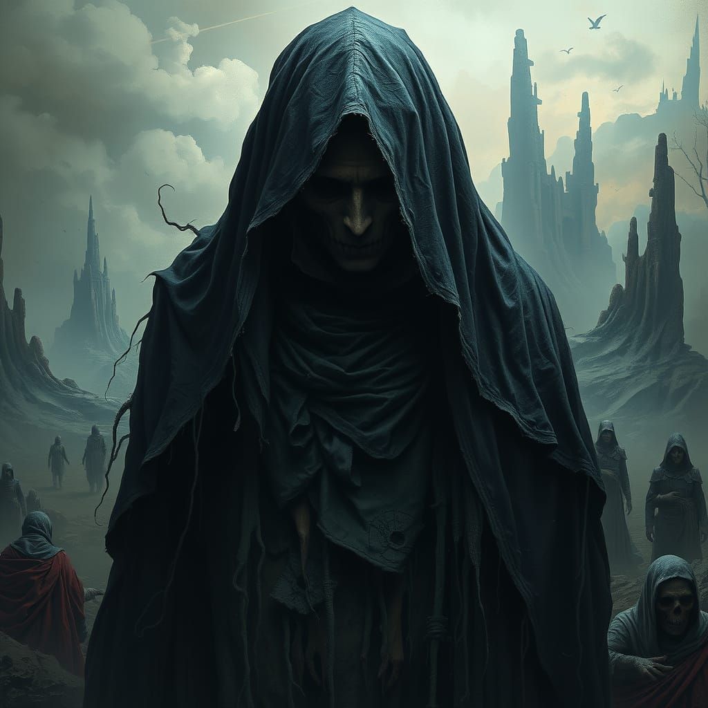 Ominous Figure in Surreal, Distorted Landscape