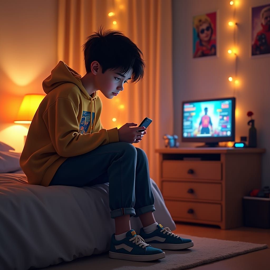 Boy Plays Free Fire on Phone in Cozy Room