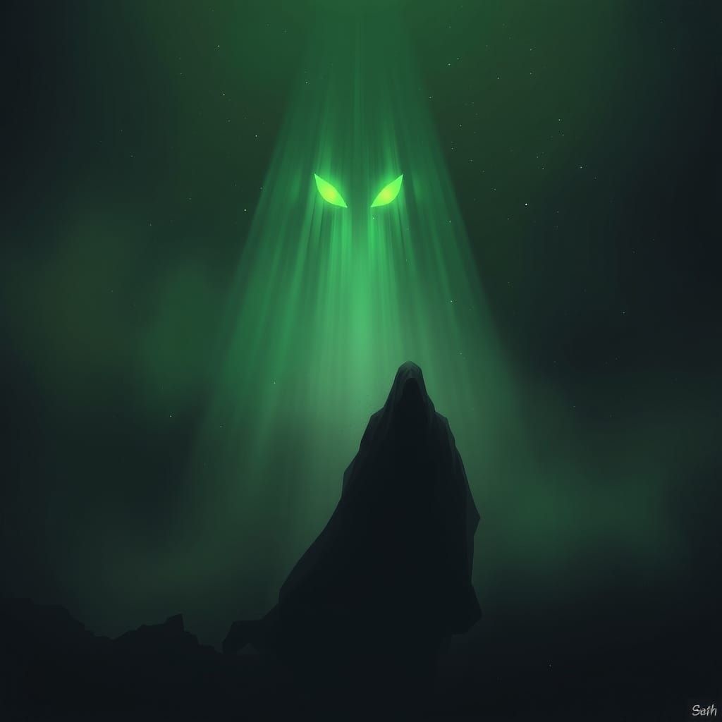 Figure in Darkness Watched by Unsettling Green Eyes