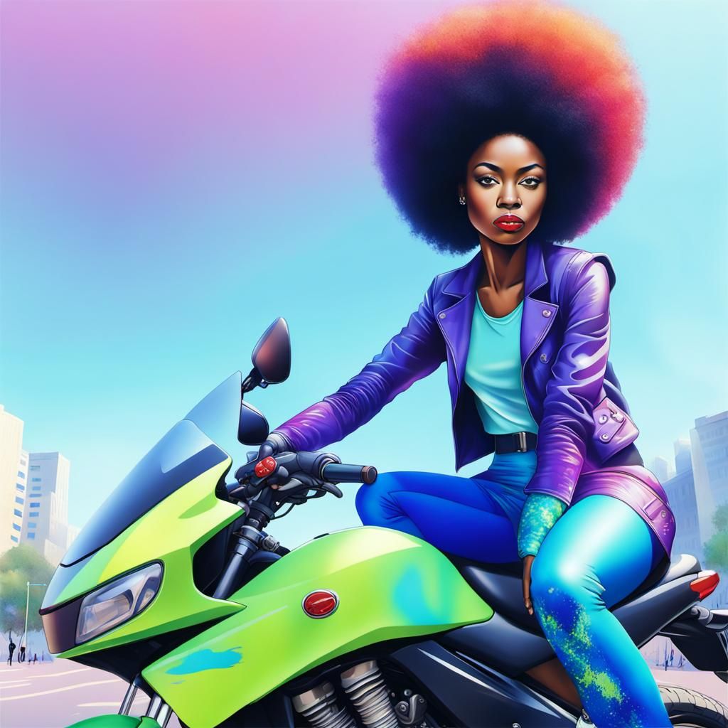 Street Art: Woman on Motorcycle in Cityscape