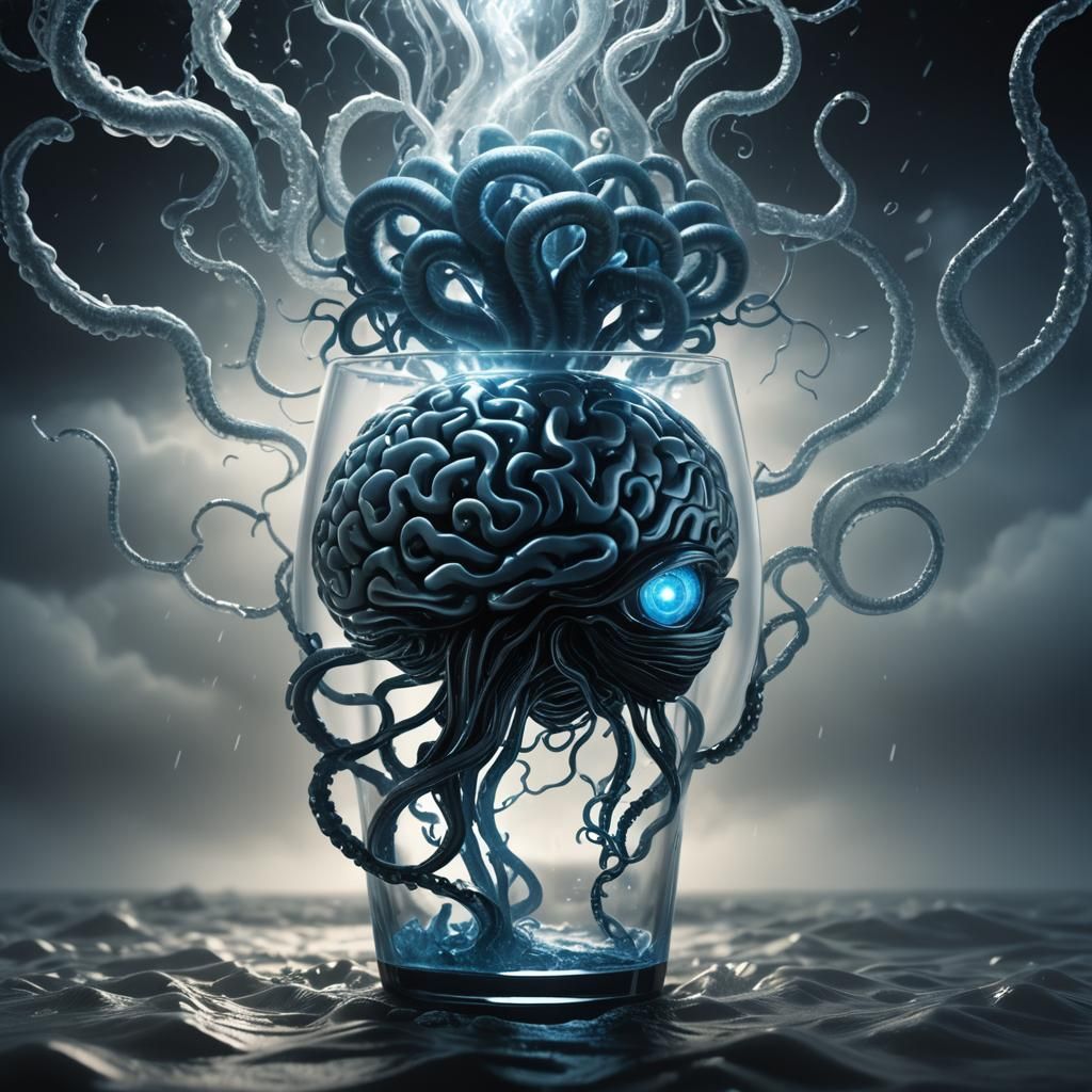 Brain-Filled Glass A in Futuristic Dark Fantasy