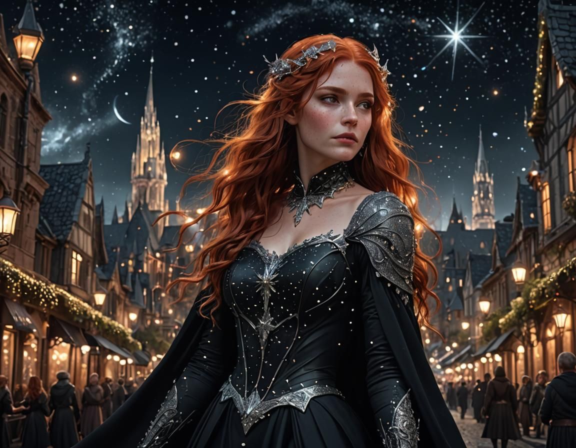 Fae Woman in Starry Gown in Fantasy City