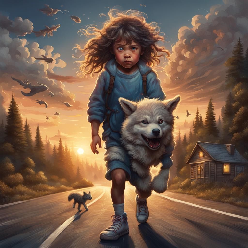 Surreal Child with Stuffed Animals at Sunset