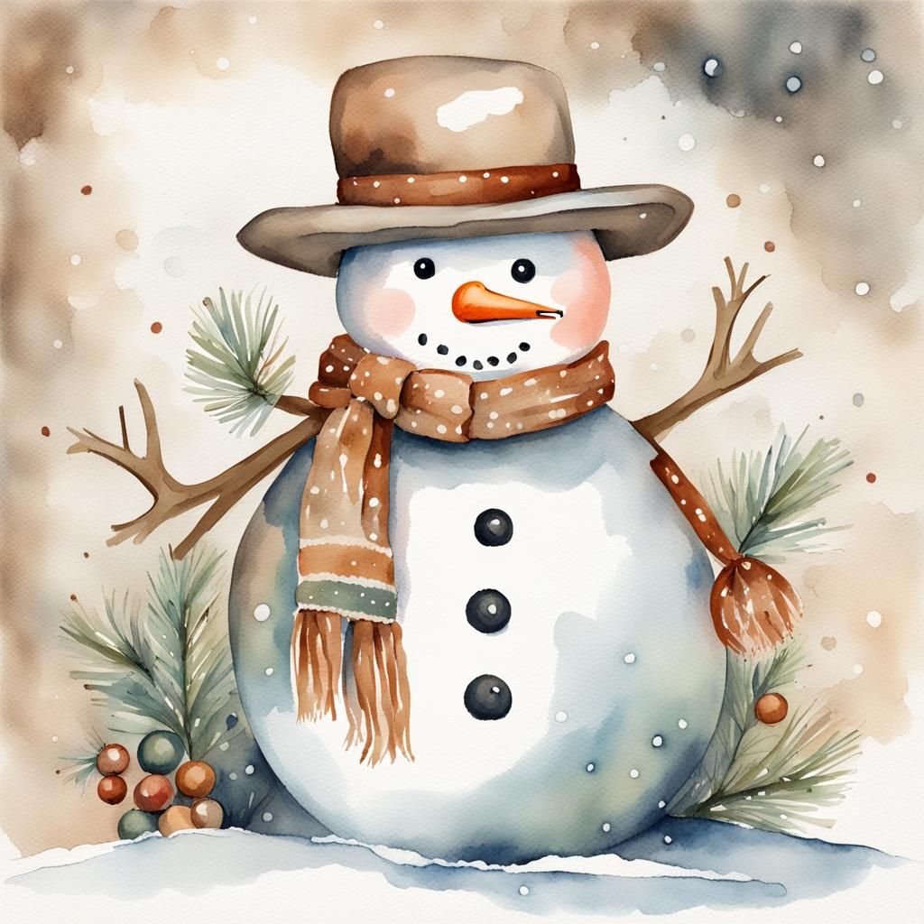 Watercolor Christmas Snowman in Boho Style