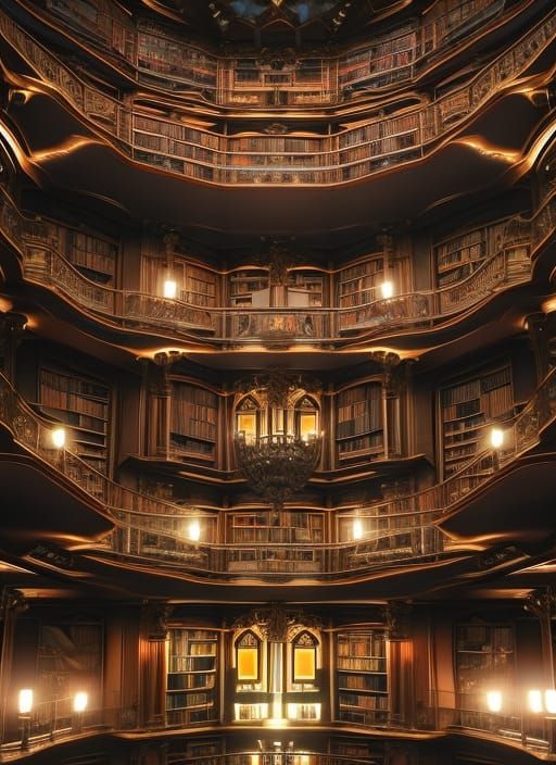 Opulent Library with Cosmic Lighting in Splash Art Style