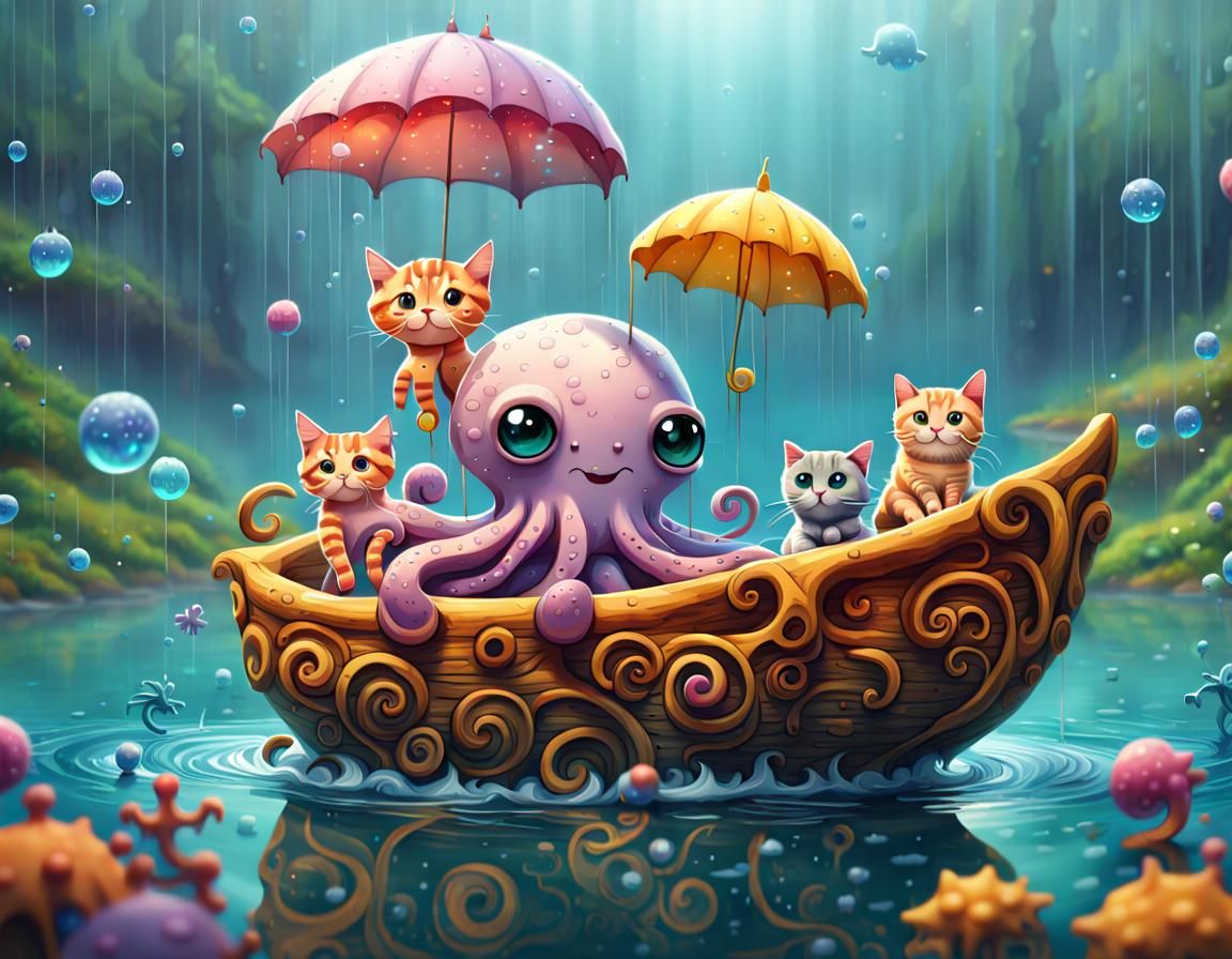 Adorable Octopus Rides Cat Ship in Papercraft Fantasy