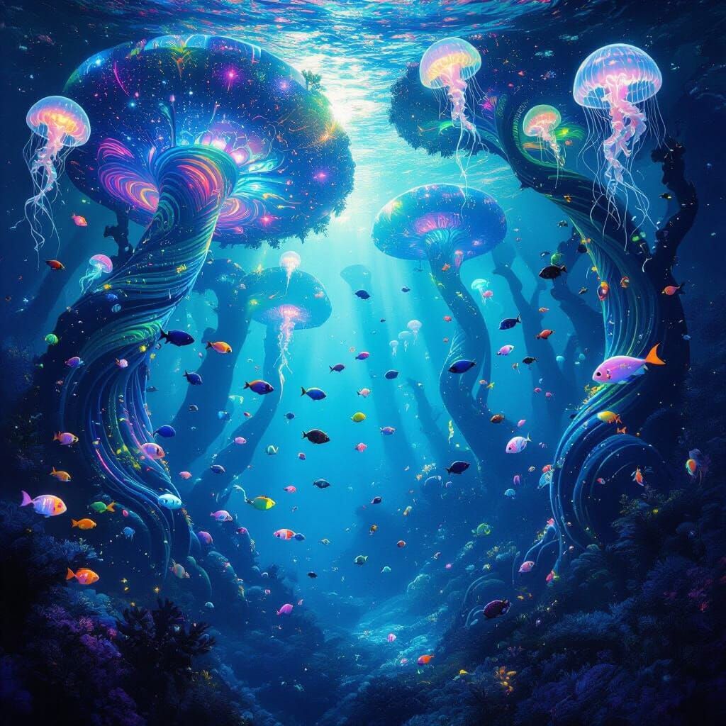 Surreal Underwater Forest with Bioluminescent Trees and Fish