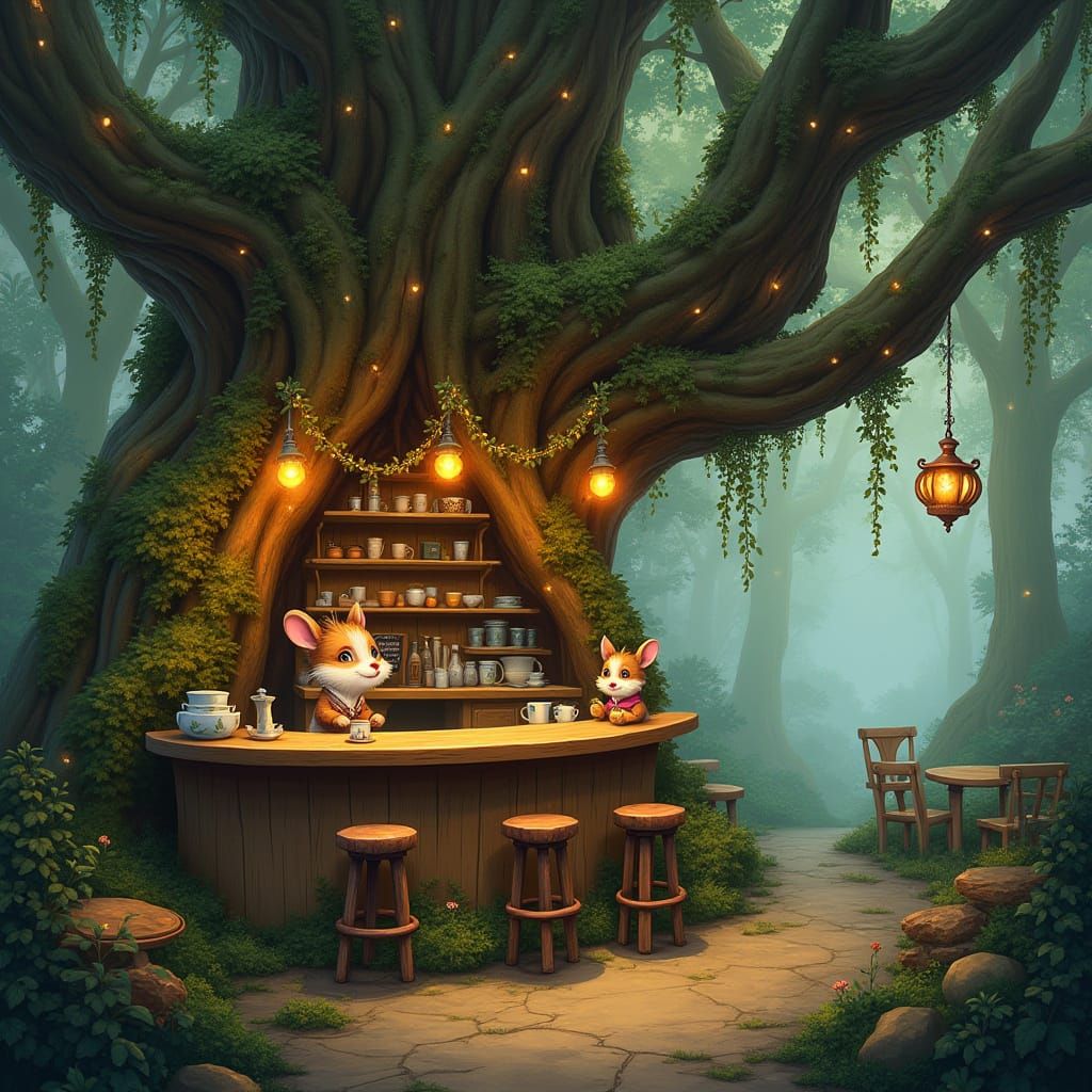 Enchanting Woodland Cafe in Ancient Tree Roots with Fairy Li...