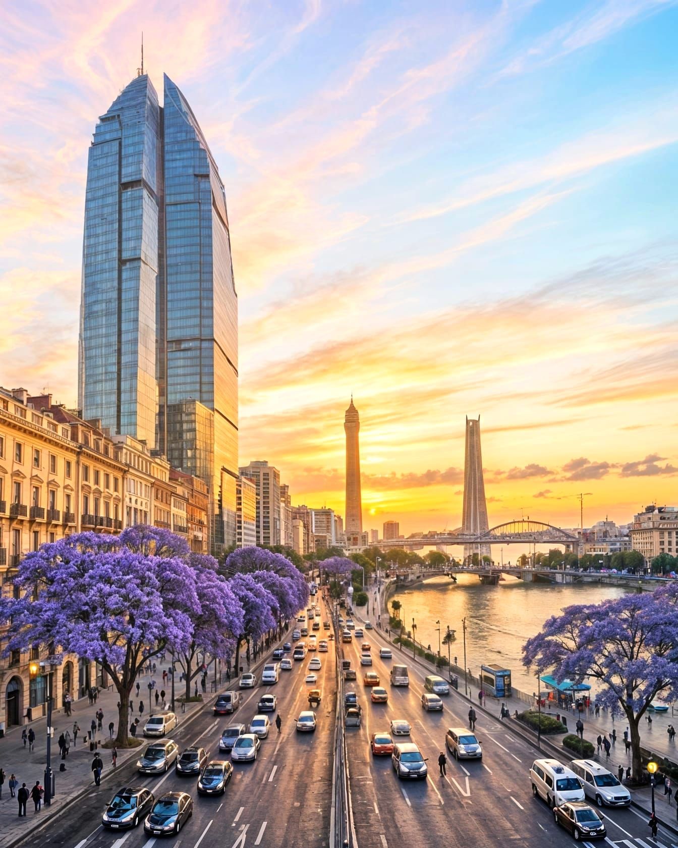 Buenos Aires Golden Hour Cityscape in Watercolor Dreamscape