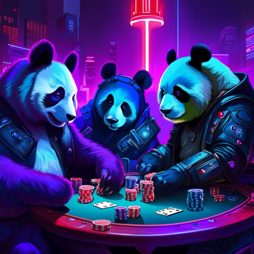 Cyberpunk Pandas Playing Poker in Neon City