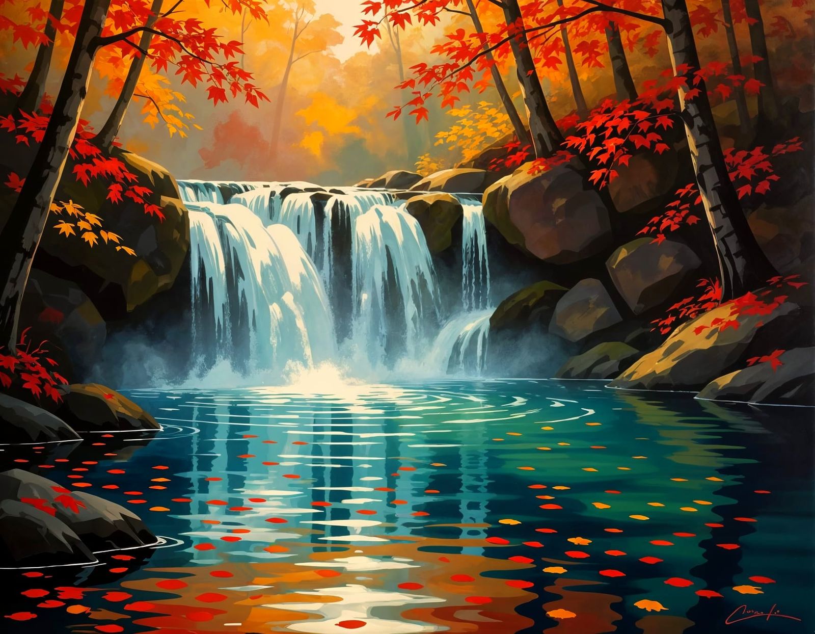 Autumn Waterfall Landscape in Romantic Oil Painting Style
