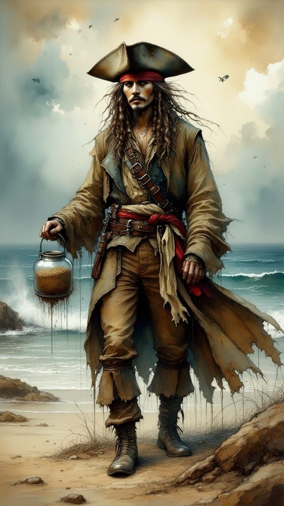 Pirate in Tropical Sunset, Holding a Jar of Dirt on a Rocky ...