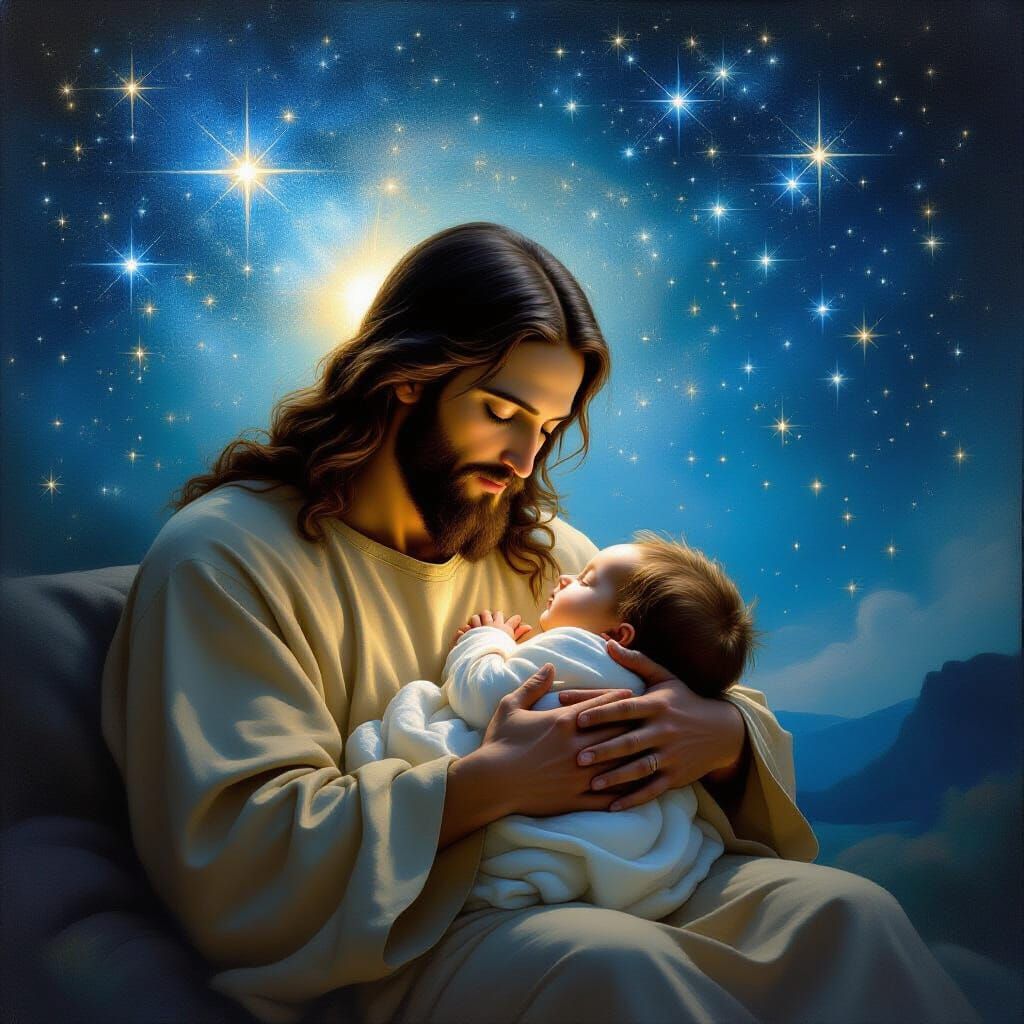 Jesus Tends to Newborn Under Starry Sky in Renaissance Style