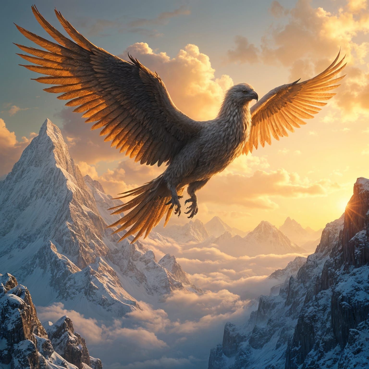 Griffin Soaring Over Mountains, Romantic Landscape Style