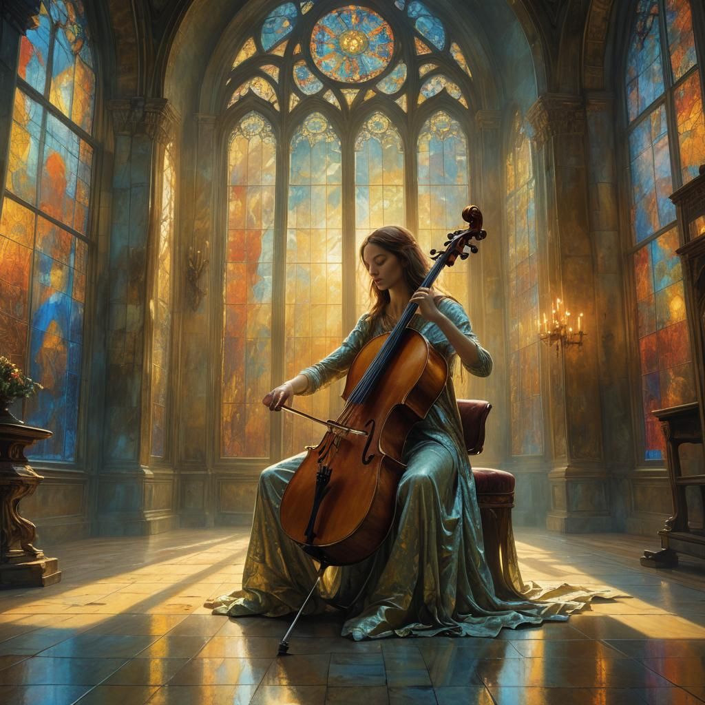 Goddess Plays Cello in Grand Hall: Oil Painting