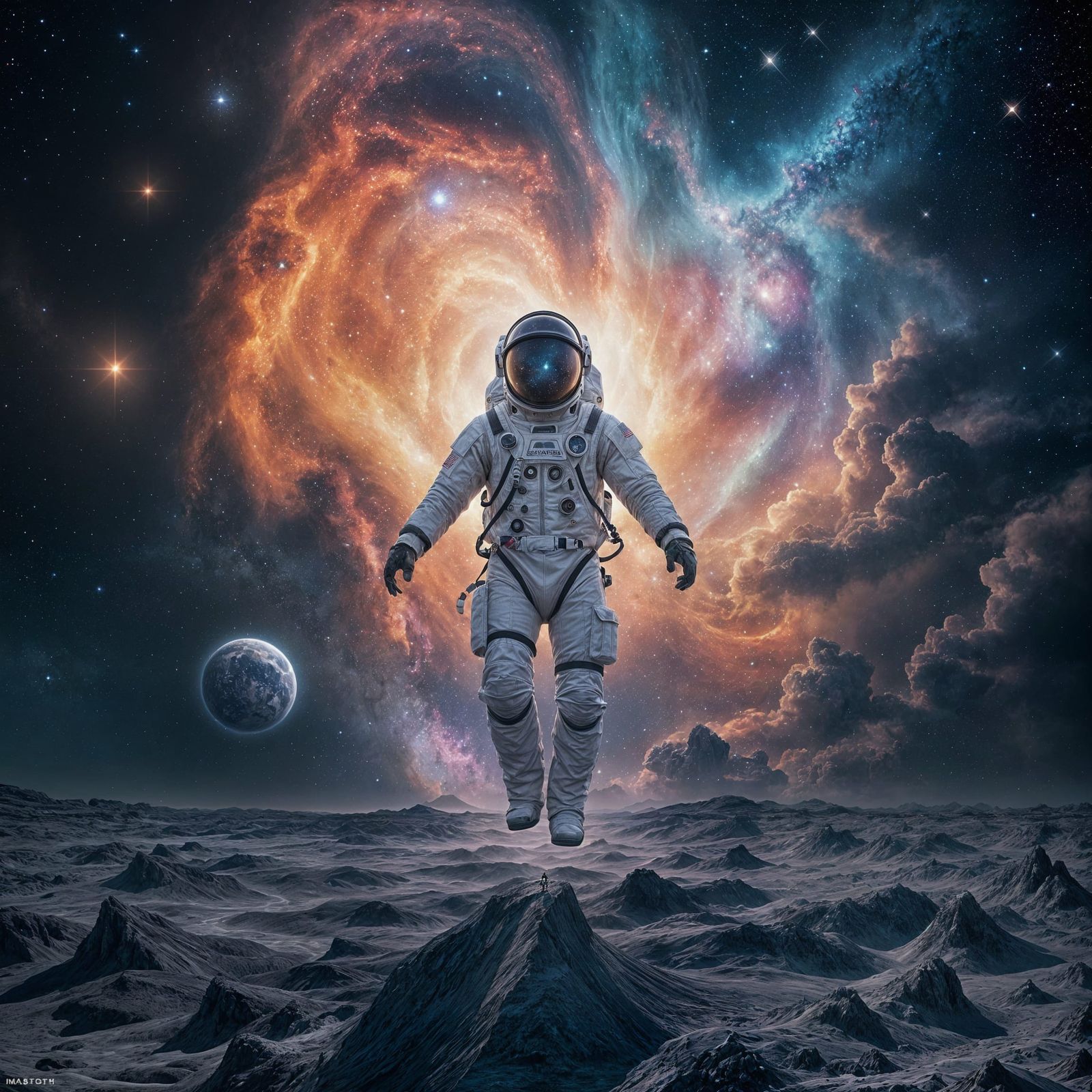 Cosmic Opposites: Astronaut in Surreal Nebula Landscape