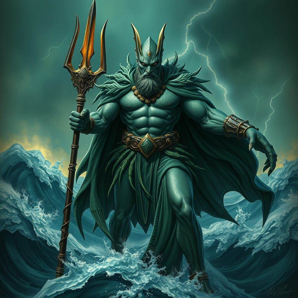 Glowing Trident Warrior Dominates Dark Ocean