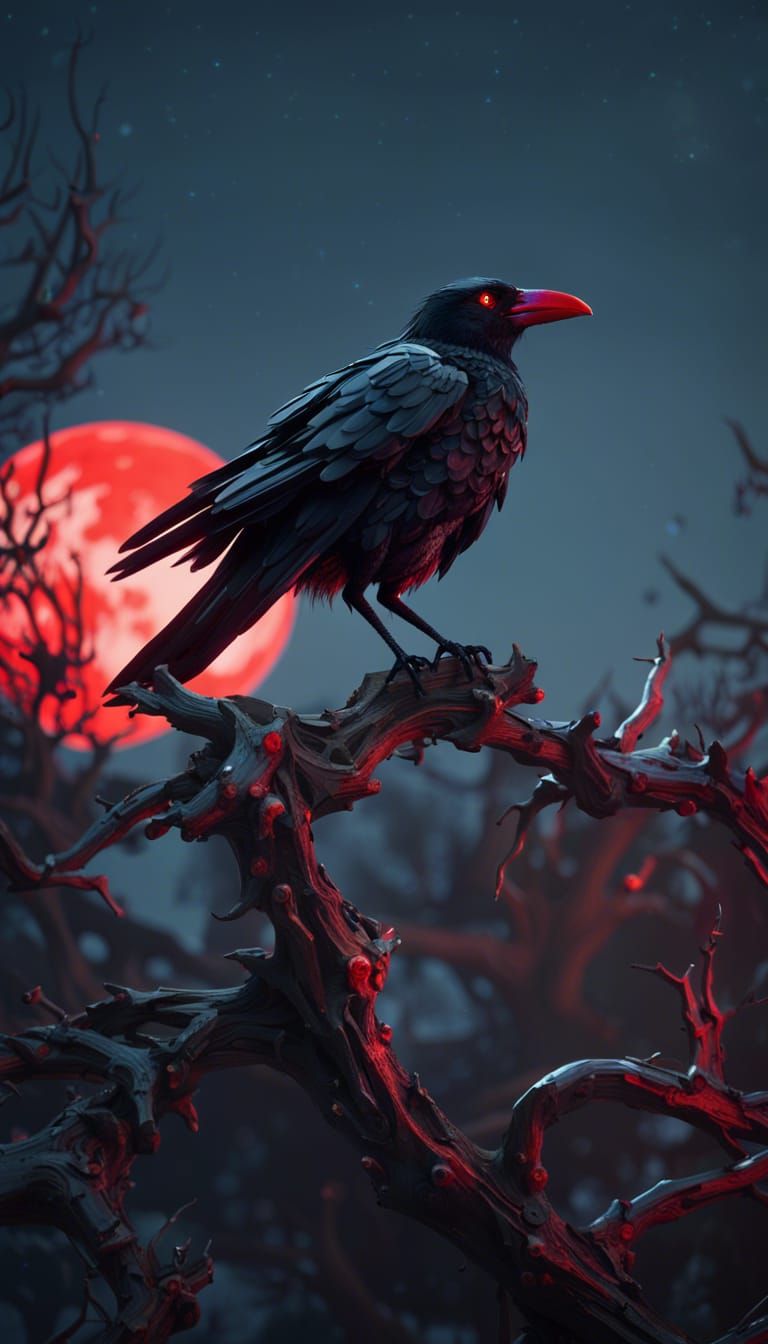 Futuristic Black Mecha Crow on Dead Tree Branch