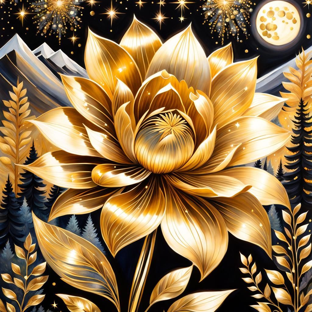 Moonlit Flower in Forest with Gold Sparkles