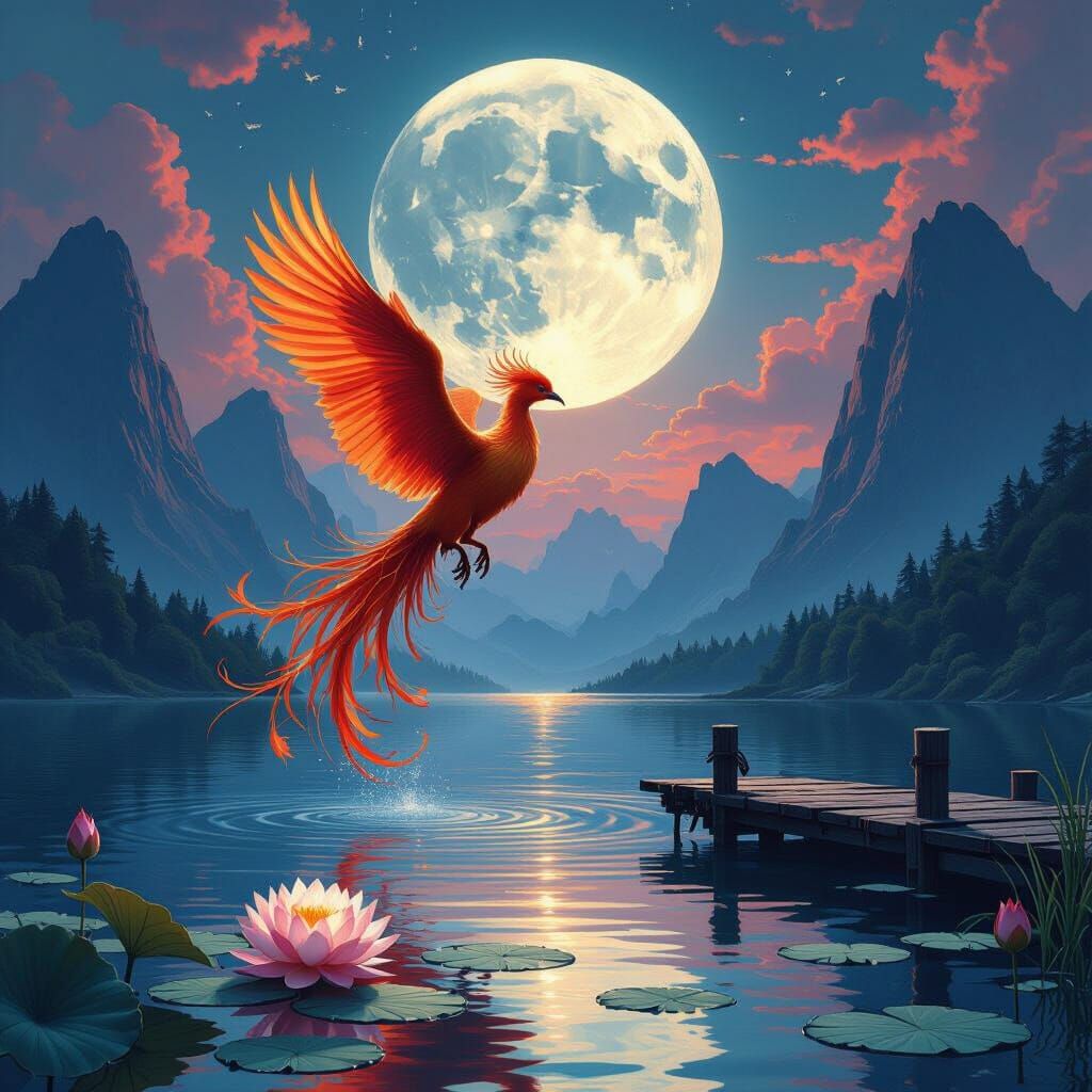 Phoenix Rising from Lake near Moon Dock