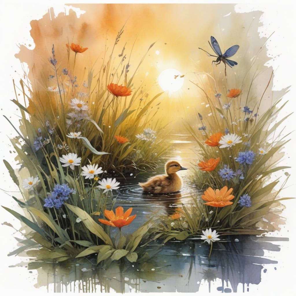 Duckling in Sunlit River: Watercolor Painting