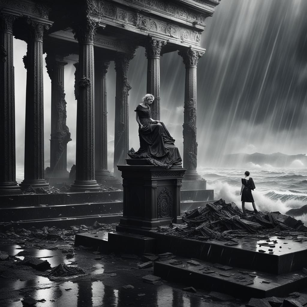 Goth Model in Coffee Shop with Marble Statues