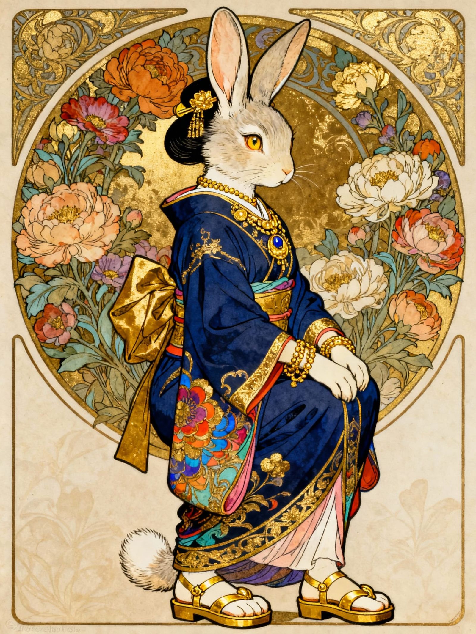 Art Nouveau Geisha Rabbit in Jewel-Toned Kimono