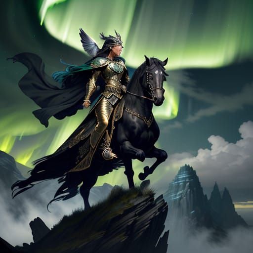 Majestic Valkyrie Warrior on Stormy Skies