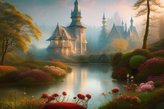 Autumn Park Lake: Breathtaking Cottagecore Artwork