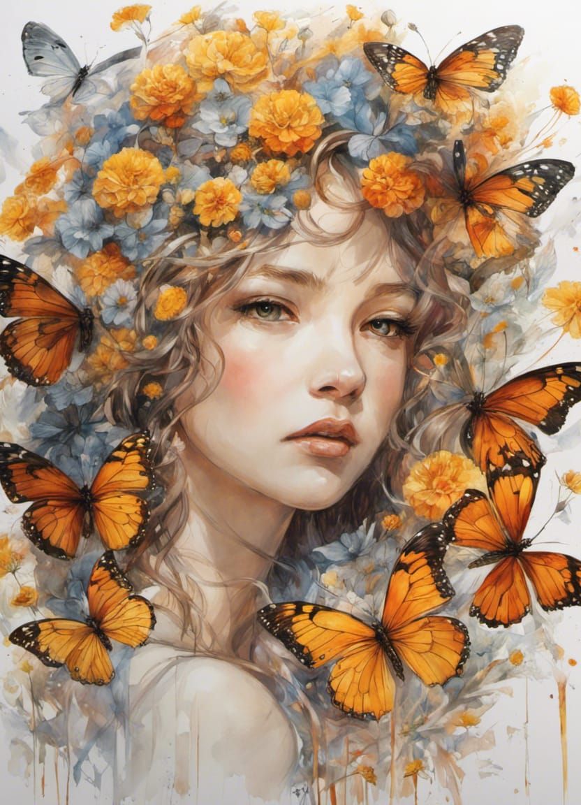 Glittering Marigold Bouquet with Butterflies, Digital Art