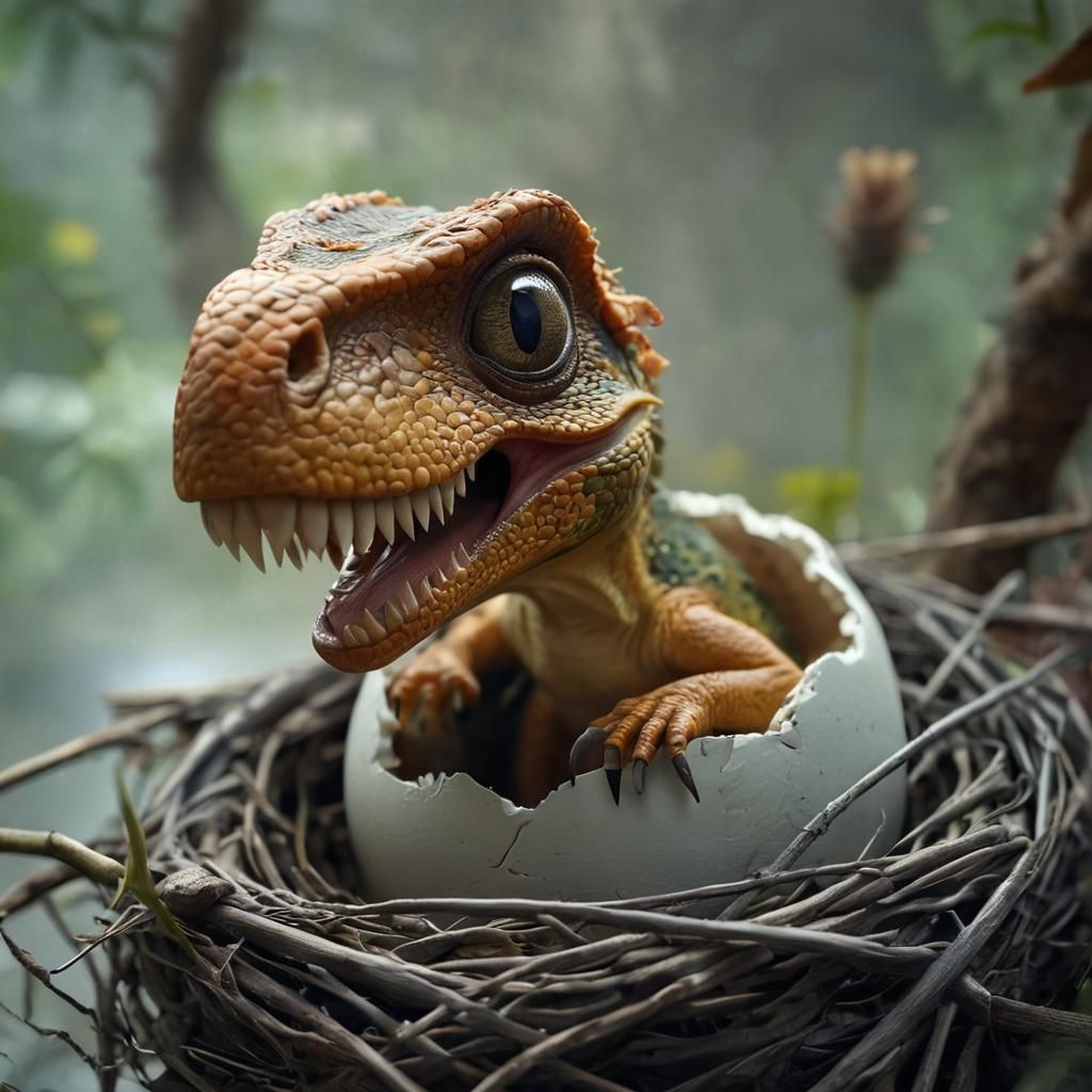 Beautiful Photorealistic Dinosaur Emerging from Egg in Prehi...
