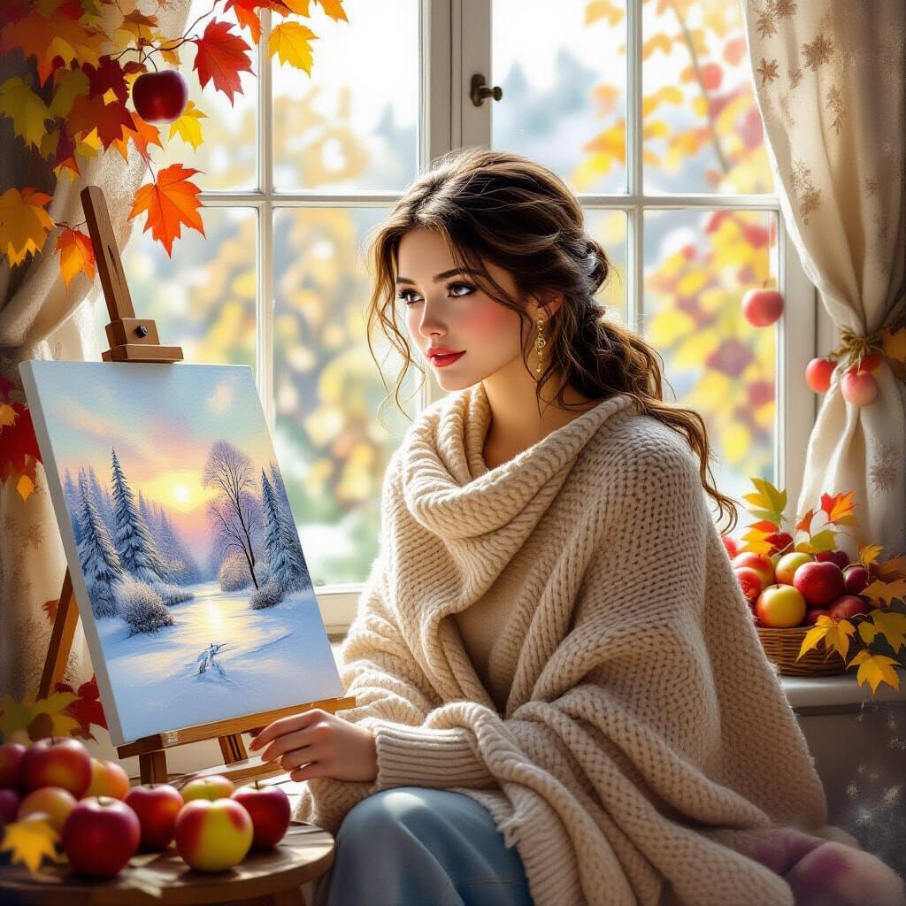 Woman by Autumn Window with Winter Painting, Fine Art Style