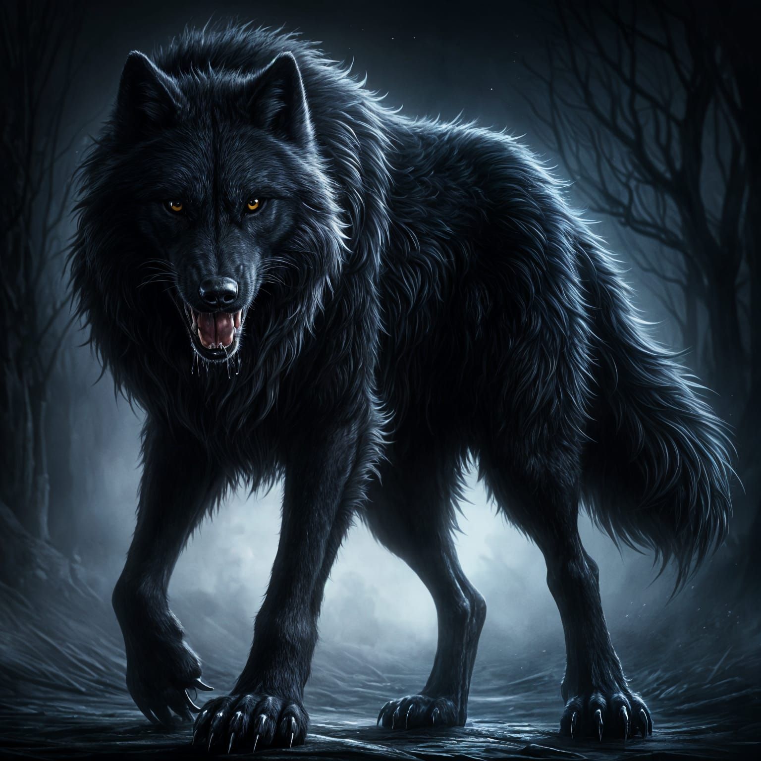 Magnificent Black Wolf with Fiery Eyes
