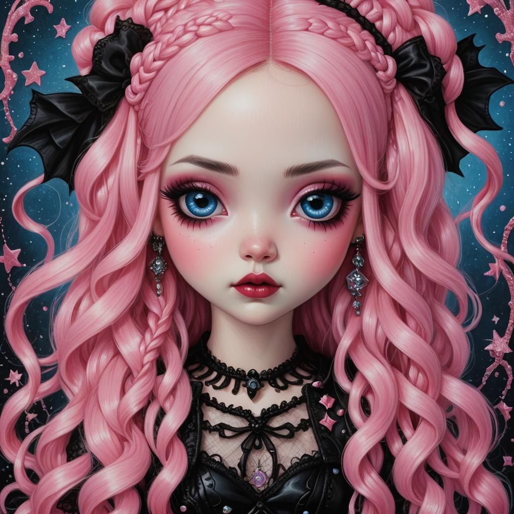 Neon Gothic Chibi Portrait in Lowbrow Style