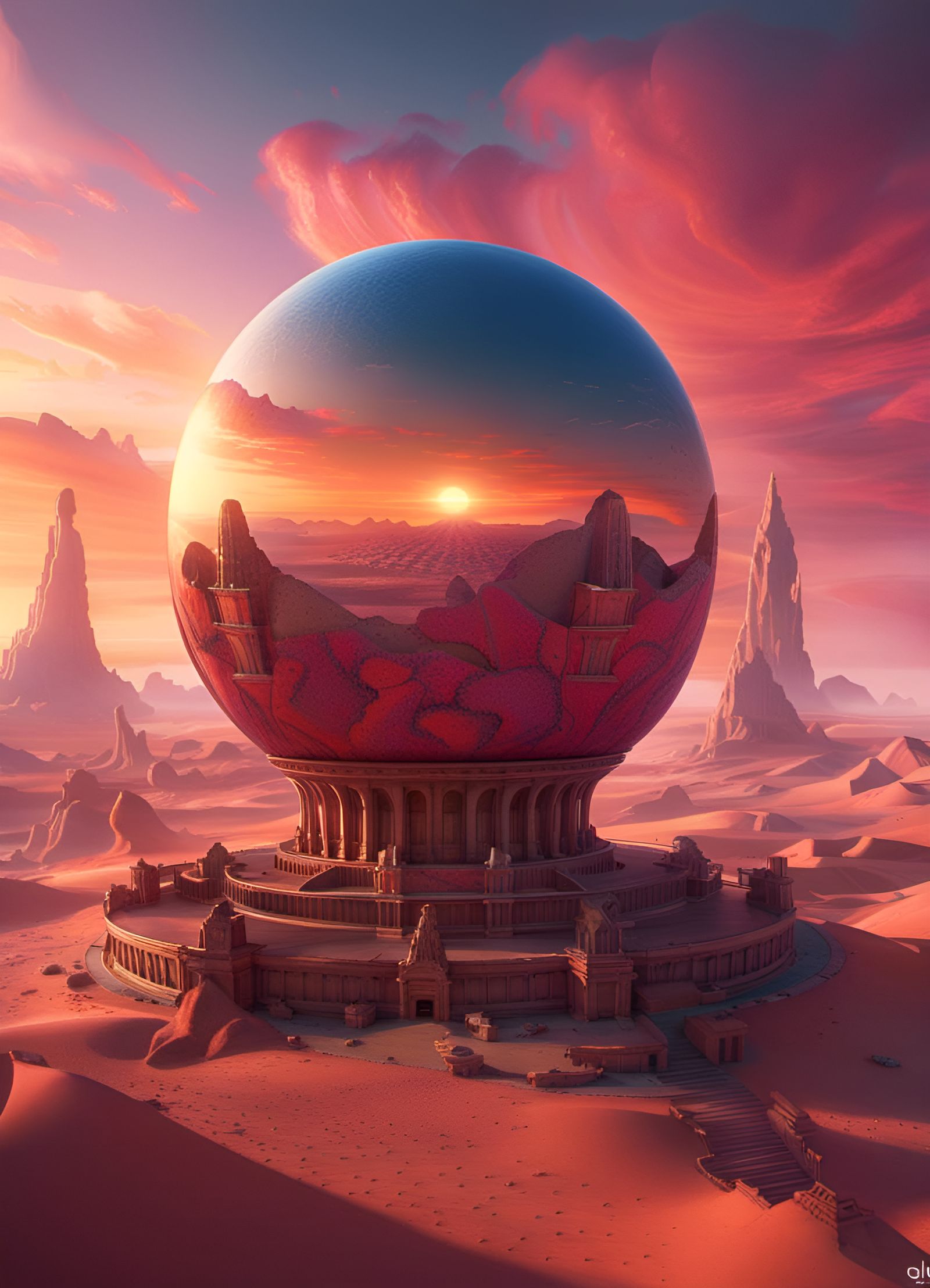 Surreal Flying Temple Sphere in Desert Sunset