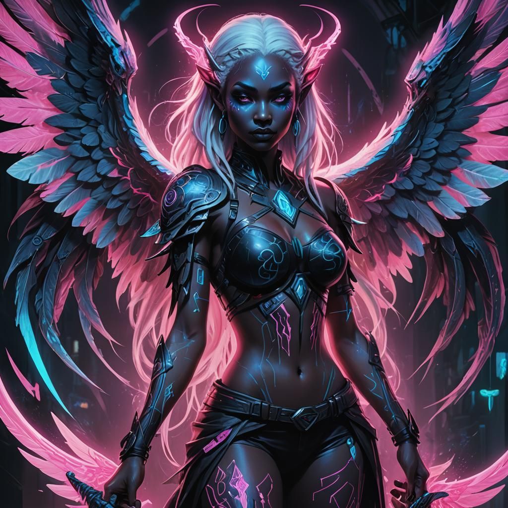 Neon Drow Girl: Cyberpunk Fantasy Illustration