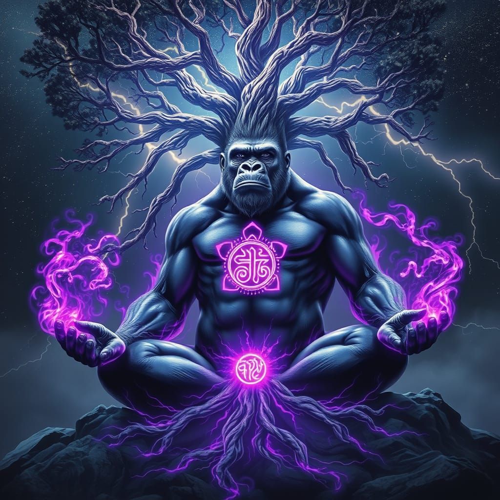 Glowing Silverback Gorilla Contemplates Celestial Landscape