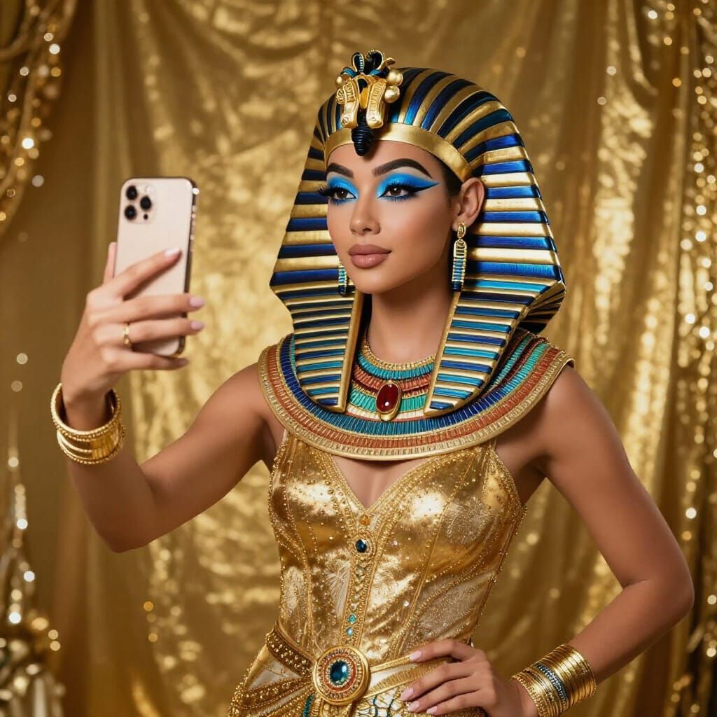 Modern Egyptian Queen Takes Selfie in Gold Attire