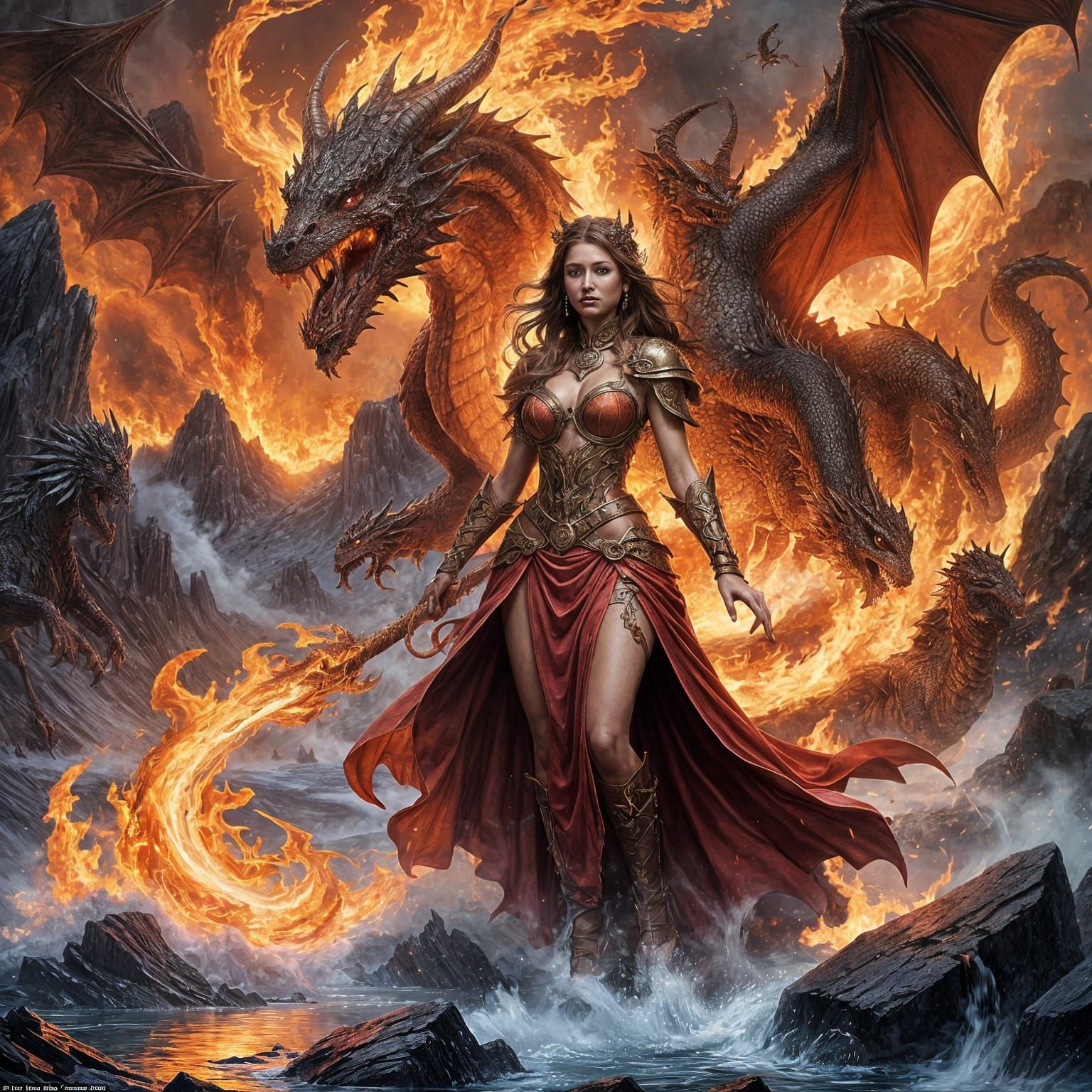 Majestic Fire Queen Amidst Infernal Landscape