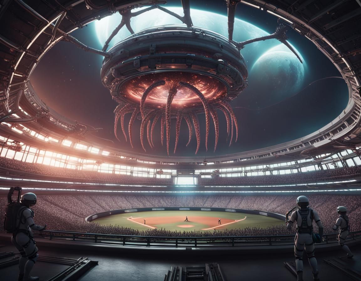 Tentacled Aliens Play Baseball in Space Stadium