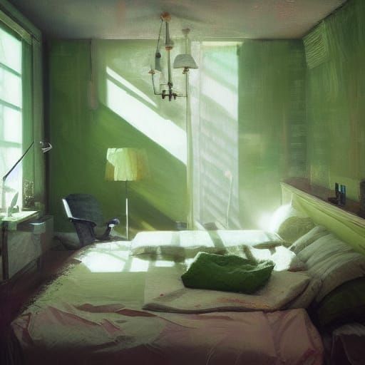 Cozy Green Bedroom with Creative Furniture as Oil Painting