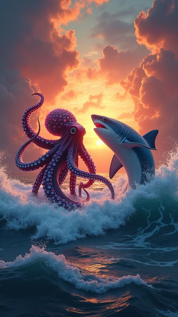 Octopus and Shark Entwined in Bioluminescent Ocean