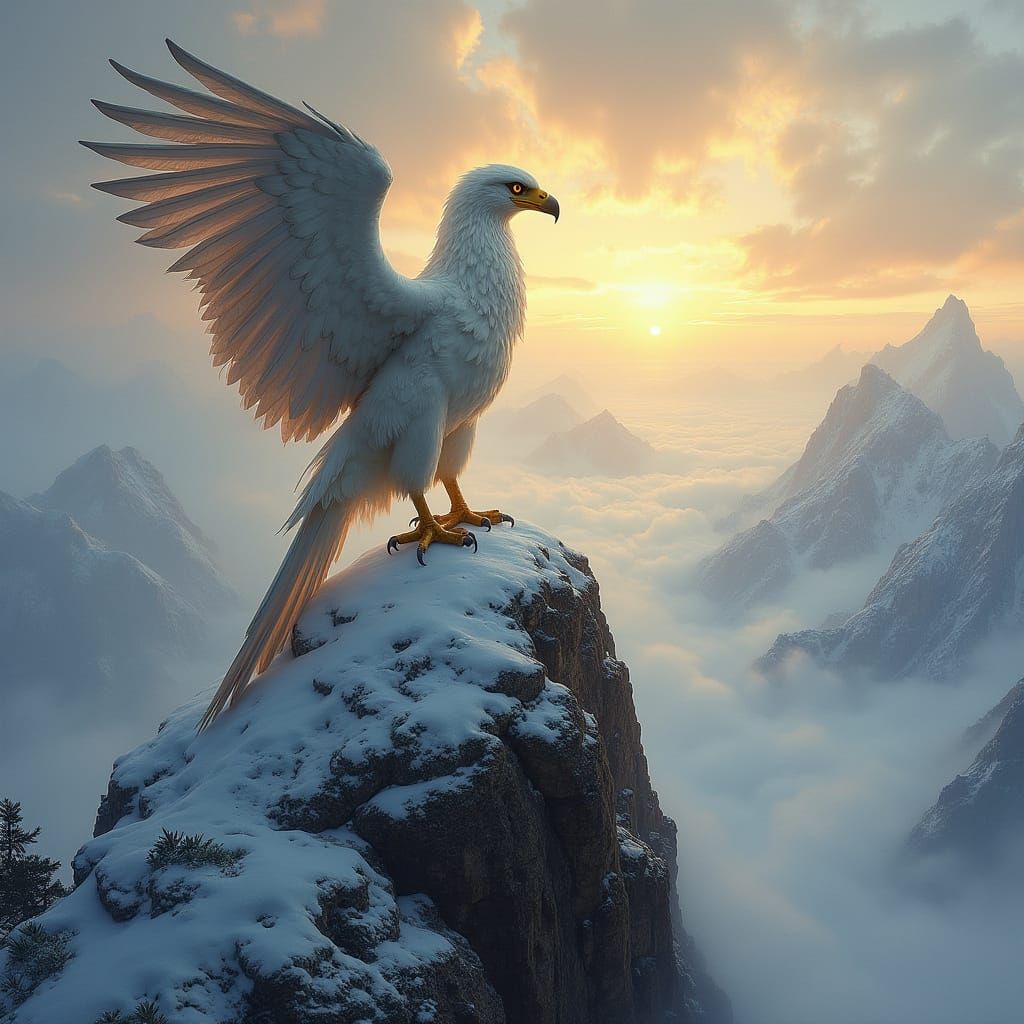 Griffin Overlooking Misty Valley in Oil Painting Style