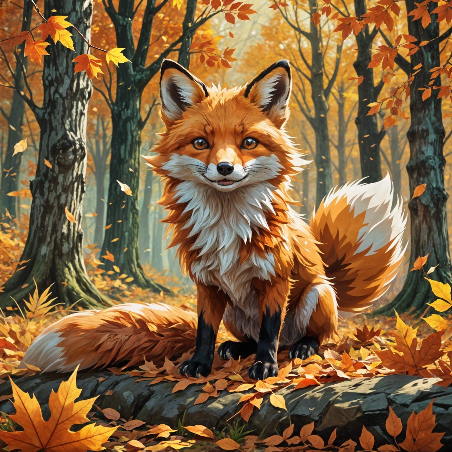 Cute Fox Playing in Autumn Woods With Majestic Breeze