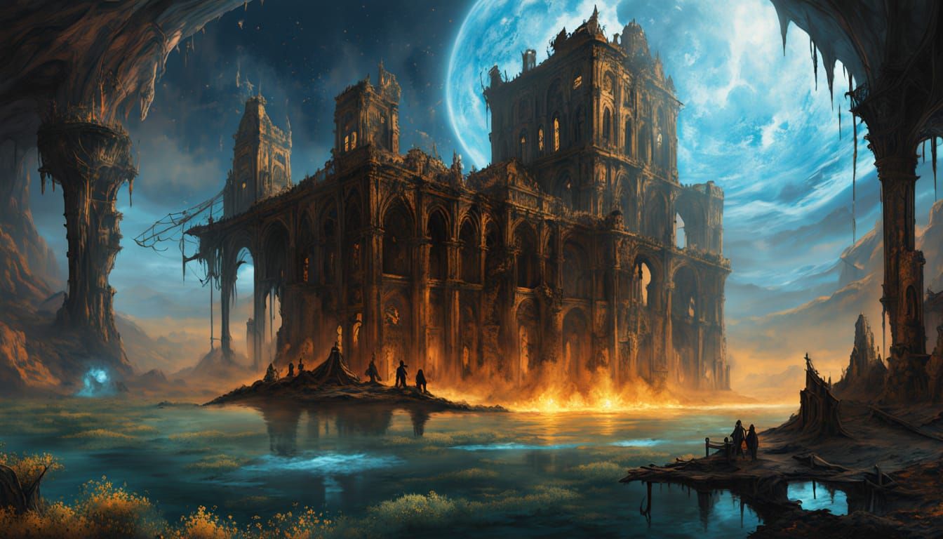 Colossal Ancient Ruin in Deep Space with Bioluminescent Flor...