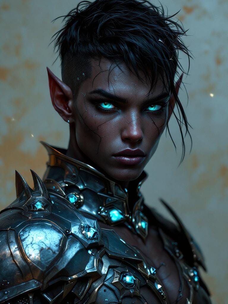 Elven Warrior in Metallic Armor with Cyan Crystals