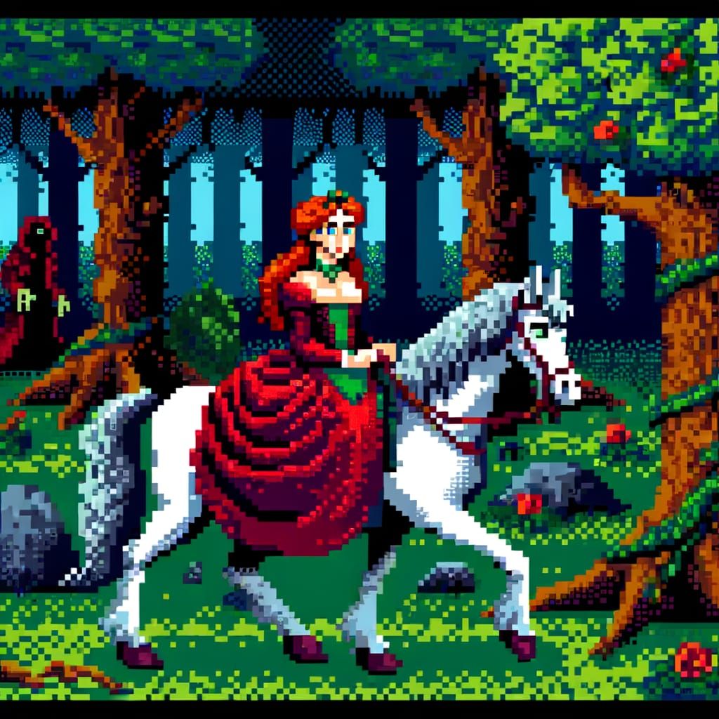 Noblewoman in Enchanted Forest, 8-Bit Pixel Art