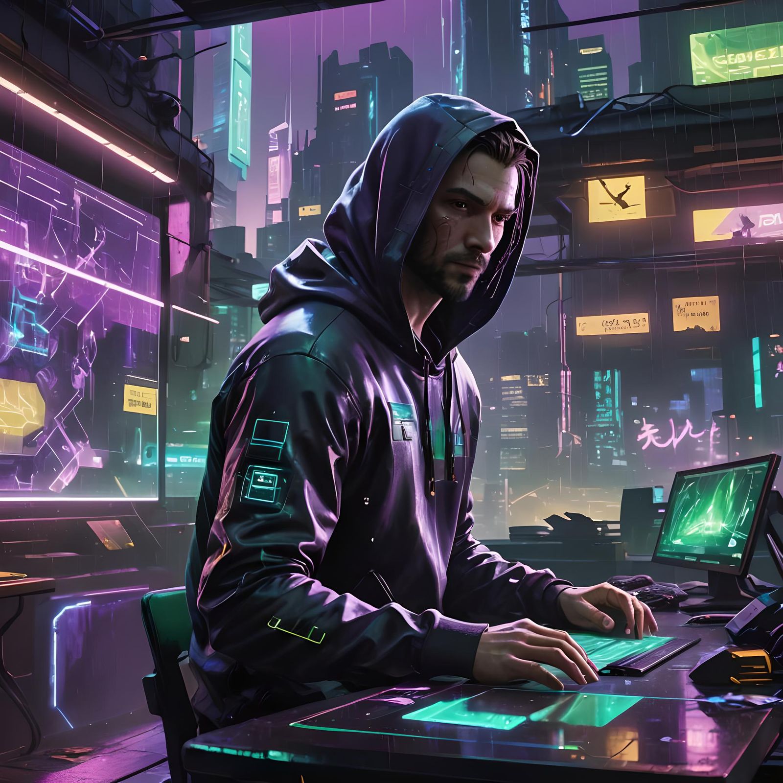 Cyberpunk Employee and AI Agent Working at Home