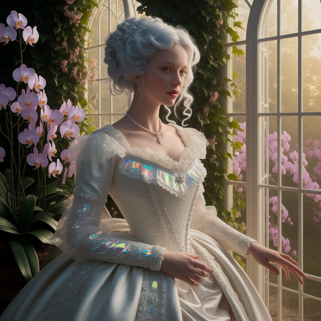 Albino Woman in Victorian Gown by Window, Pre-Raphaelite Sty...